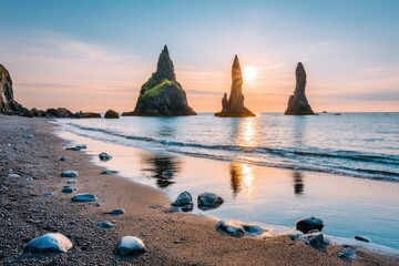Dramatic basalt sea stacks at sunrise over a pebble beach