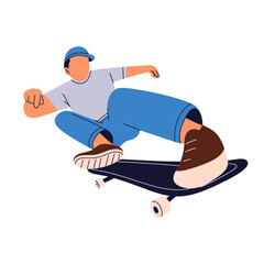 Flat vector illustration of a young male skateboarder performing a mid-air trick. Wearing a hoodie and cap, he showcases energy, balance, and urban street style.