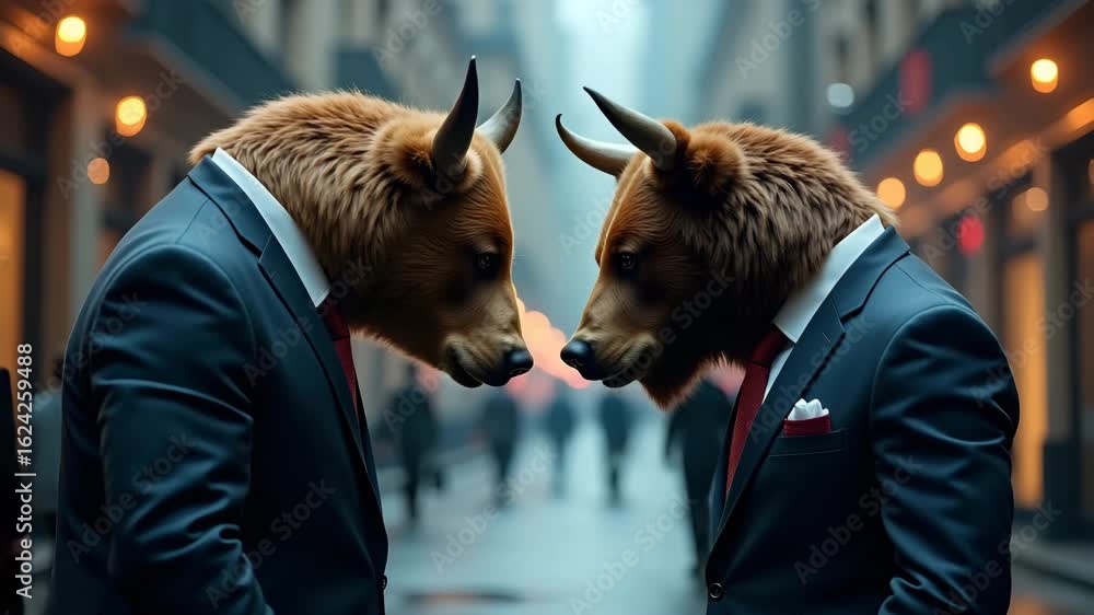 Poster bull vs bear in suits: generative ai illustration of stock market trends - symbolizing bullish vs be
