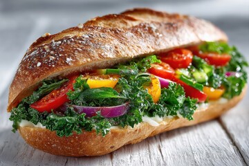 Vegetarian sandwich with kale, tomato, bell pepper, red onion, cucumber and bread