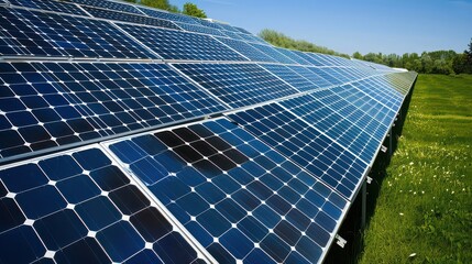 A field of solar panels stretching into the distance under a clear blue sky on a sunny day outdoors