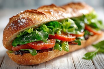 Baguette sandwich with fresh ingredients on wooden table