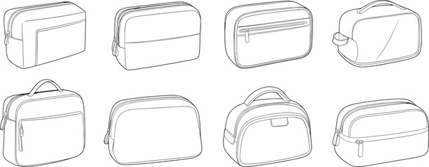 Cad drawing flat vector illustration of travel toiletry bags, cosmetic pouches, accessory organizers, minimal design, zipped case, storage, carry