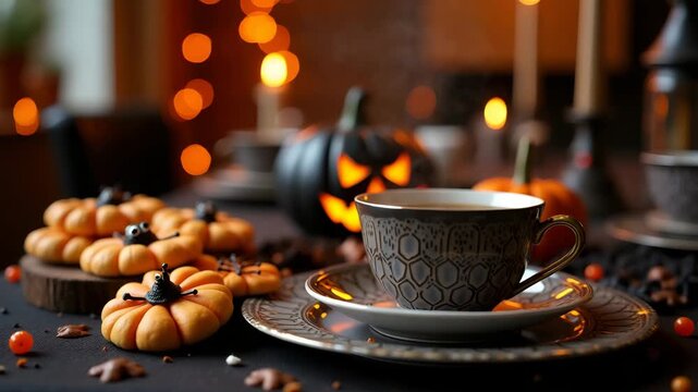 Flat illustration of a Halloween tea party featuring spooky decorations, festive treats, and eerie elements, perfect for Halloween events and gatherings.