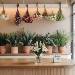 Fototapeta premium Floral Boutique Bliss: An eye-level, inviting display of a collection of lush flowers and plants, from overhead hanging bouquets to tabletop arrangements.