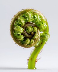Close-Up of Vibrant Green Fern Frond Unfurling with Dewdrops Against Soft Background