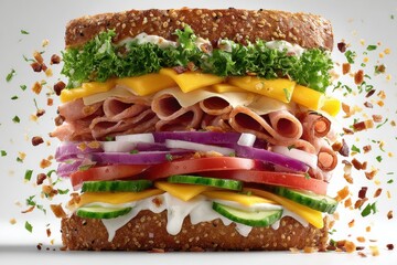 Overstuffed sandwich with various ingredients