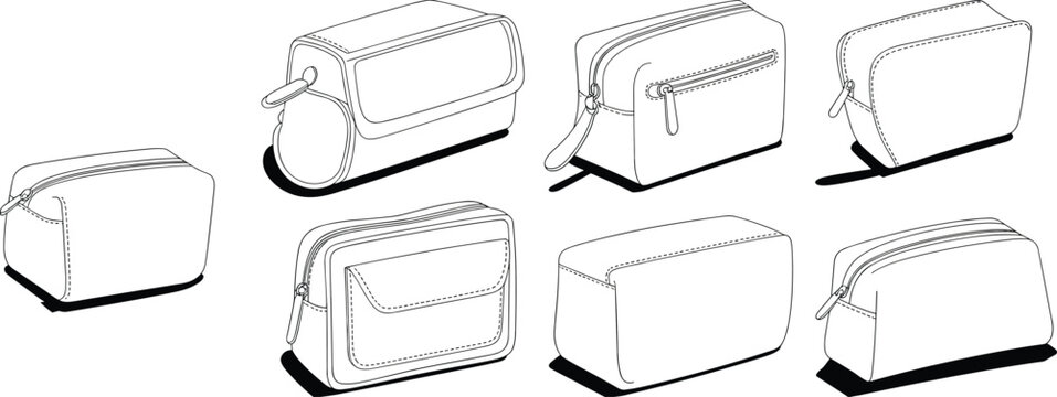 Cad drawing flat vector illustration of multiple toiletry pouches, cosmetic bags, zipper cases for travel, makeup, grooming, storage, personal care