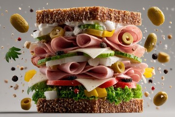 Stacked deli sandwich with ham, cheese, and vegetables on whole grain bread