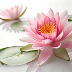 Pink Water Lilies with Green Pads on a White Background for Wellness