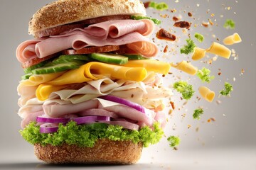 Tall sandwich with ham, cheese, and vegetables
