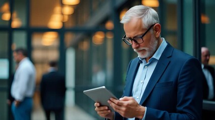 Focused older executive in suit and glasses using digital tablet for finance project, showcasing leadership and innovation in modern office with empty space on left. - Powered by Adobe