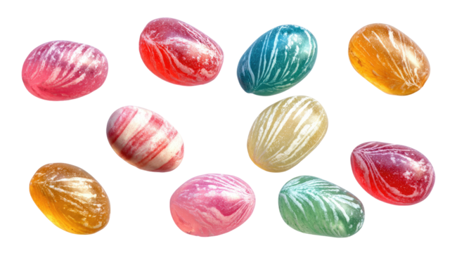 Colorful oval-shaped candies in various pastel colors, swirled patterns