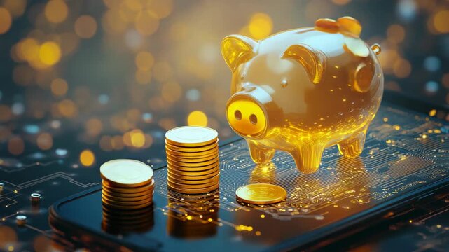 Explore the realm of futuristic finance featuring digital piggy bank alongside virtual coins displayed sleek smartphone interface reflecting latest trends modern banking innovative financial practices