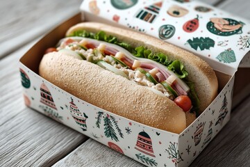 Sandwich in a decorated box on a wooden surface