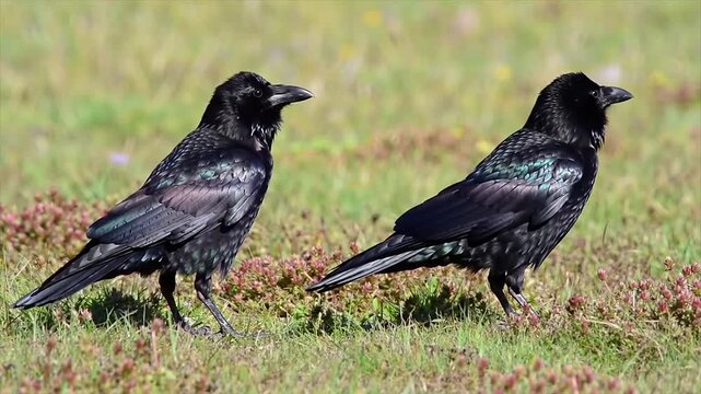 Two crows interacting on a lush grassy field. High-resolution wildlife photo of black crows in nature. Detailed image of crows with iridescent feathers.