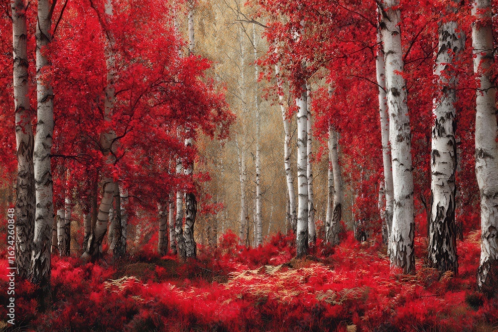 Poster vibrant forest displaying striking red foliage and white birch trees in a colorful autumn setting