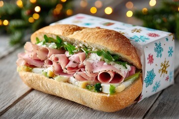 Gourmet ham sandwich in festive packaging with Christmas lights