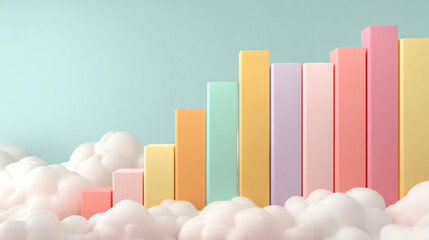 Rising pastel bar charts symbolize growth and success in dreamy atmosphere