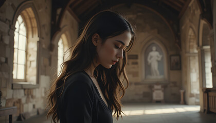 Fototapeta premium Contemplative Beauty in Architecture: A woman finds solace within the architectural embrace, capturing a moment of quiet contemplation in the ancient building's evocative atmosphere.