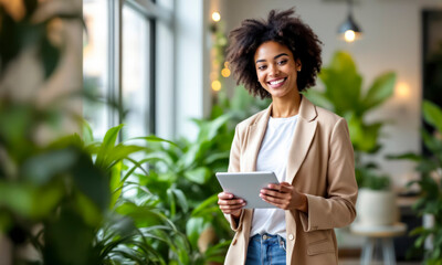 A confident businesswoman smiles while holding a tablet in a modern office filled with green plants. A concept of eco-friendly workspaces and productivity.