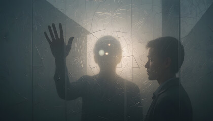 Enigmatic Encounter: A captivating, surreal scene unfolds as a person's hand reaches out, a mysterious figure looms beyond translucent barrier.