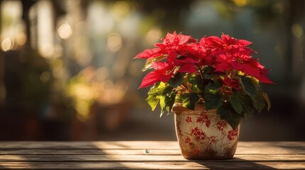 Red poinsettia plant resting on wooden table in warm sunlight