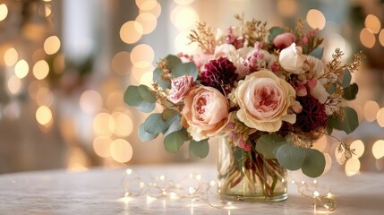 Delicate bouquet of roses and eucalyptus illuminating christmas holidays