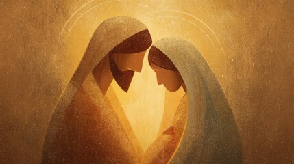 Joseph and Mary praying under golden halo representing holy family © timurlan999