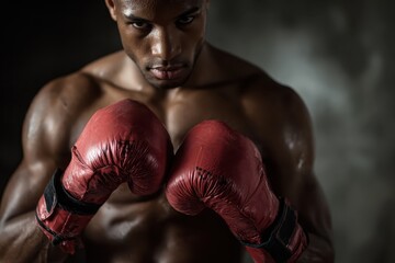 Muscular young boxer demonstrating strength and focus while wearing red boxing gloves in a dramatic training setting indoors