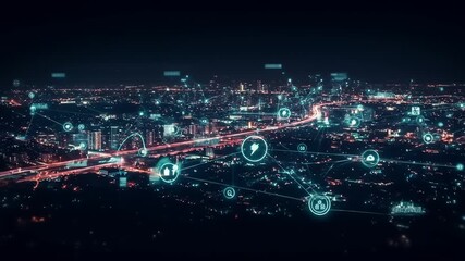Aerial view of a vibrant city at night with digital overlays representing technology and connectivity - Powered by Adobe