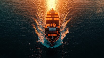 A large cargo ship navigates through calm waters during a golden sunset, leaving a symmetrical wake behind.