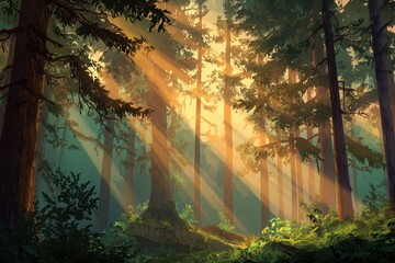 Obraz premium Sunbeams illuminate a serene forest floor through a dense canopy of lush trees during the golden hours of early morning