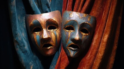 Two venetian masks representing comedy and tragedy hanging on velvet curtains