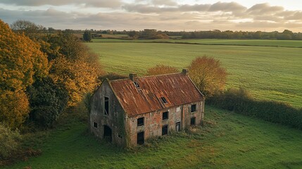 An abandoned brick house with a tiled roof sits in a green field surrounded by autumn trees under a cloudy sky.