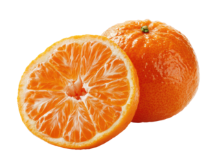 Close-up of a whole and halved mandarin orange.  Bright, juicy, citrus fruit,  vibrant orange hue, natural segments