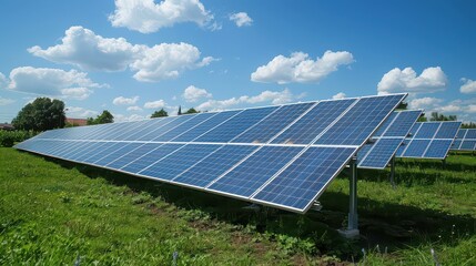 A field of solar panels under a blue sky with white clouds on a sunny day providing clean energy