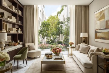 Modern, bright living space with city garden views