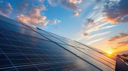 Solar panels reflecting the sky at sunset providing clean energy on a rooftop installation