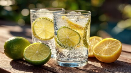 Refreshing sparkling water with lemon and lime slices on wooden table