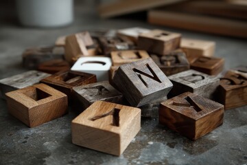 Wooden letter tiles scattered randomly on a textured surface for creative crafting and educational activities