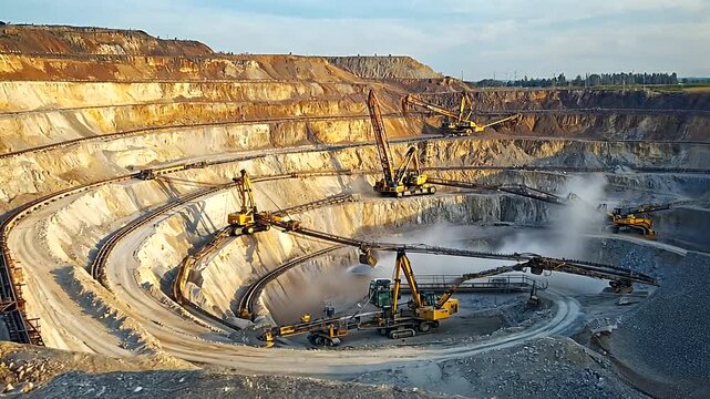 Aerial view of a large open-pit mining operation with heavy machinery extracting minerals