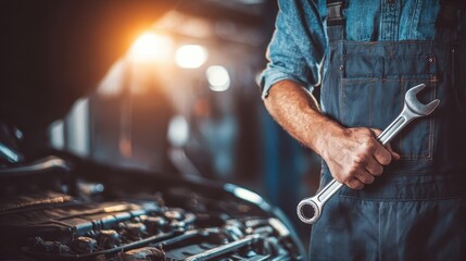 Auto mechanic holding wrench and fixing vehicle in garage
