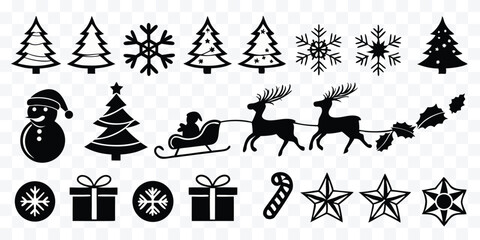 Collection of Christmas Vector Icons Featuring Trees Snowflakes Santa Sleigh and Reindeer Festive Holiday Season Designs