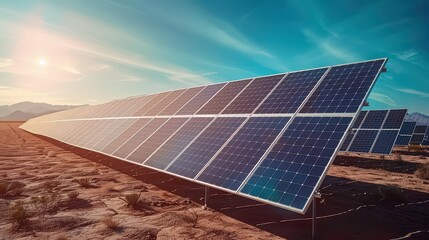 A solar panel array in a desert landscape under a bright blue sky with sun shining overhead
