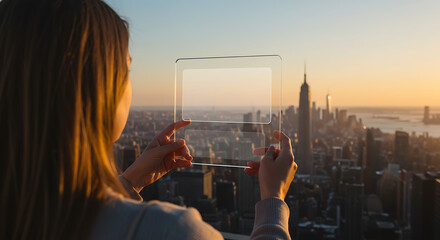 Futuristic Transparent Phone with AR Ad Over City Skyline