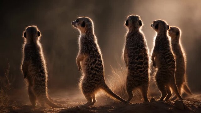 Group of meerkats standing upright in desert at sunset.