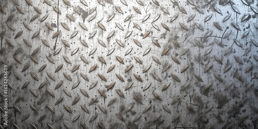 Poster a textured metal surface displaying a repeating pattern with signs of wear and tear from industrial 