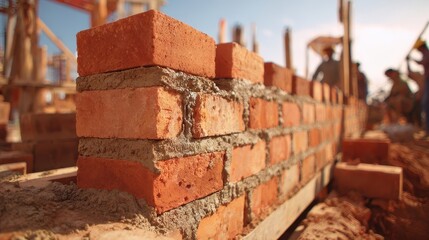Construction workers building a brick wall on a construction site