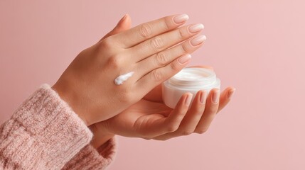 Woman applying moisturizing cream on her hands on pink background